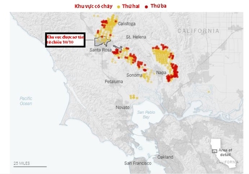 Sơ đồ khu vực xảy ra cháy ở Bắc California. Đồ họa: New York Times.