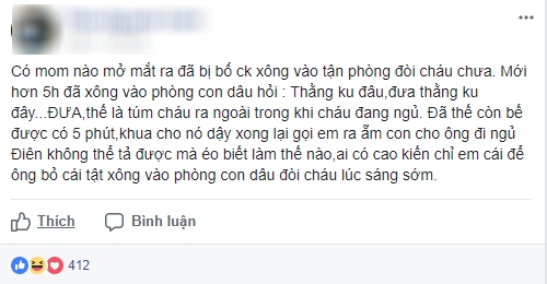 Than thở bố chồng vô duyên, 5 giờ sáng xông vào phòng đòi bế cháu, mẹ trẻ được 500 chị em bày cách trị - Ảnh 1.