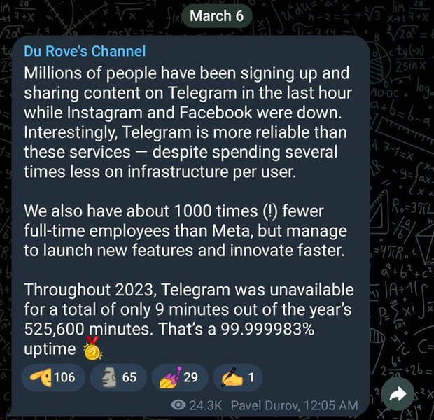 Facebook 'sập' mất một tiếng, CEO Telegram đã lên đá xéo: Telegram chỉ dừng hoạt động có 9 phút trong cả năm 2023 thôi