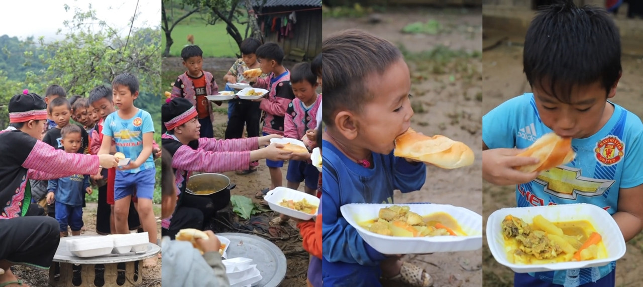 Mỗi bữa ăn đều được các em nhỏ đón nhận trong không khí tươi vui, hạnh phúc. Ảnh cắt từ clip