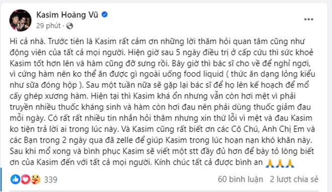 Kasim Hoàng Vũ lên tiếng chia sẻ về sức khỏe hiện tại