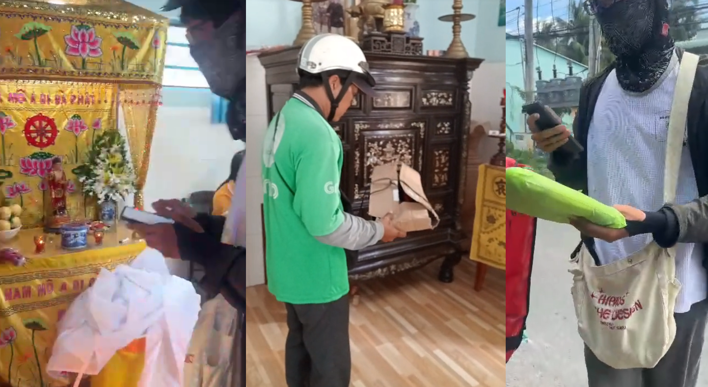 Các shipper đến sẽ đặt món hàng lên gần ban thờ