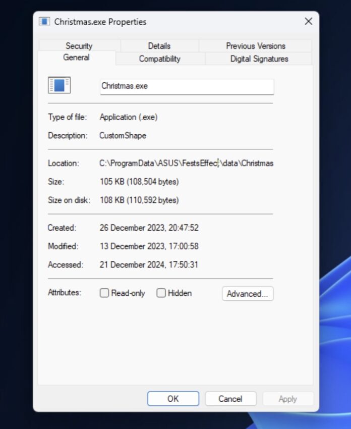 Người dùng Windows 11 tá hỏa khi thấy 'Christmas.exe' chạy trên máy, hóa ra là phần mềm mặc định của ASUS - 1 Người dùng Windows 11 tá hỏa khi thấy 'Christmas.exe' chạy trên máy, hóa ra là phần mềm mặc định của ASUS - 1